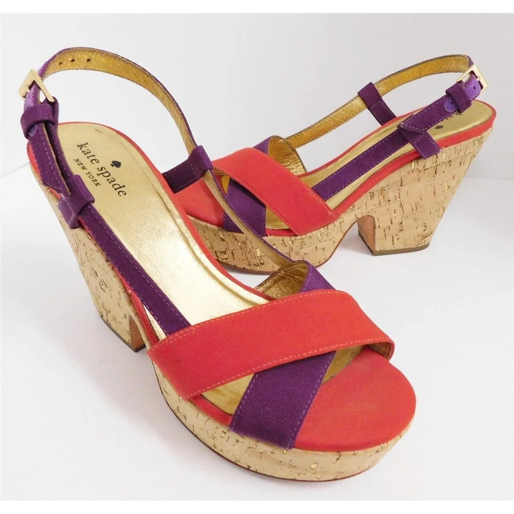 Kate Spade Red Purple Strappy Cork Platform Heel‎ Sandals 6.5 M